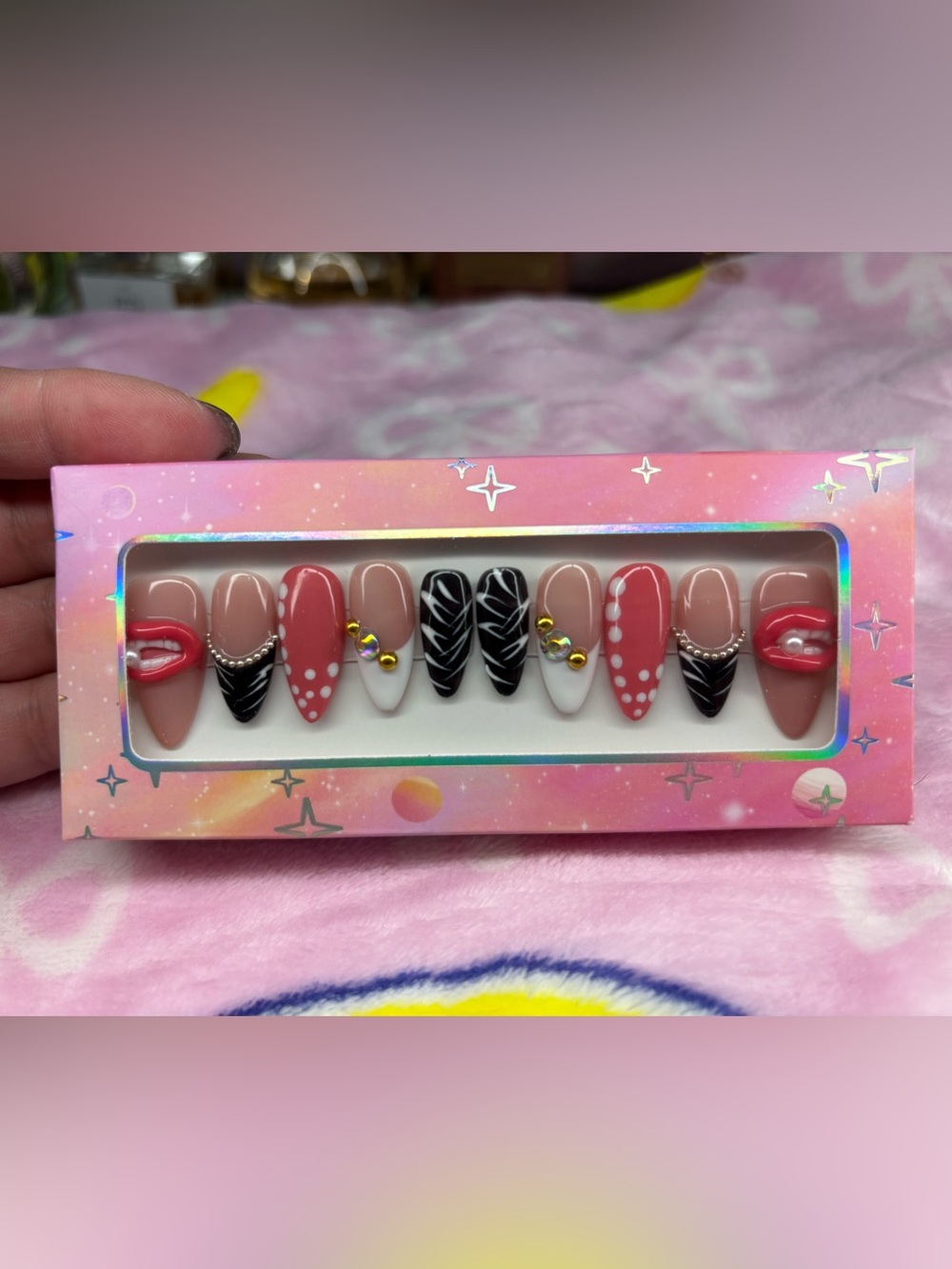 Handmade Press On Nails— Pink Black & White Edgy Design